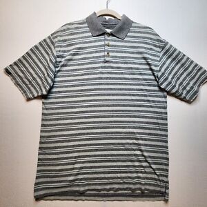 Tehama Clint Mens Polo Shirt Medium Grey Blue Stripe Button Golf Cotton Logo
