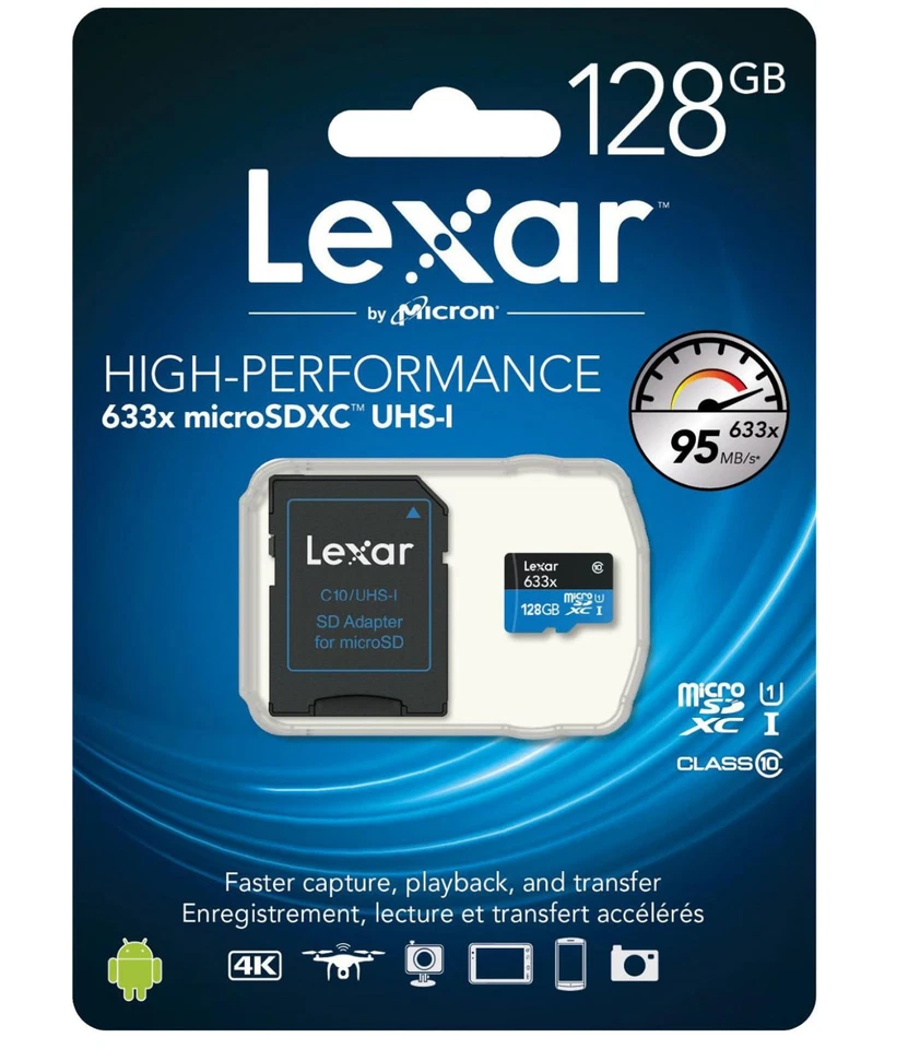 Lexar 128GB 128G 633x 95MB/s Micro SDXC MicroSD Class10 UHS-I USB3.0 SD Adapter - Image 1 of 1