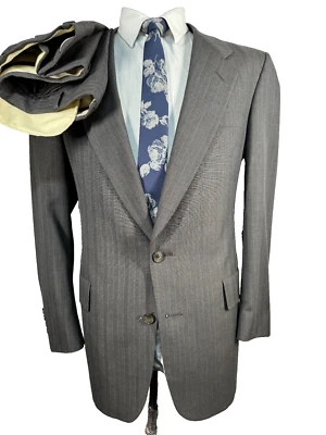 CHRISTIAN DIOR Mens Brown Pinstripe Flat Front 2 Pc Suit 40R Jacket 37x30 Pant - image 1 of 4