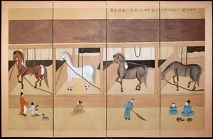Antique Japanese Painted Screen Horse Stable w Cats & People Signed Calligraphy - Picture 1 of 10