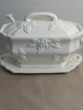 Vintage Porcelain Gravy Boat Sauce Bowl with Lid and Spoon - Embossed Grapes