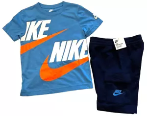 Nike 2 Piece Set Girls 6 Navy Cargo Shorts Blue Spellout Logo Short Sleeve Shirt - Picture 1 of 11