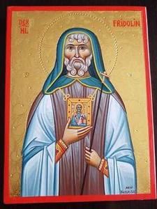 Heilige Fridolin v. Säckingen IKONE handgemalt 24K Gold Icon Hilarius Poitiers - Picture 1 of 3