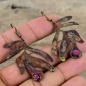 Pendientes colgantes gancho electroformado mujer cobre peridoto turmalina rosa natural - Imagen 1 de 6
