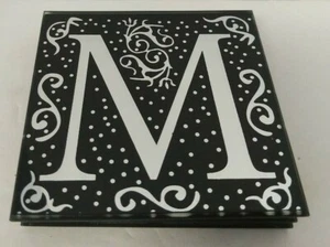 Mirrored Black Glass Monogram "M" Coasters Set Of 4 New - Picture 1 of 5