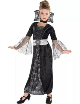 DARK COUNTESS COSTUME~GIRLS~MED 8-10~BLACK W/ SILVER COBWEB PRINT witch vampire - Image 1 of 4