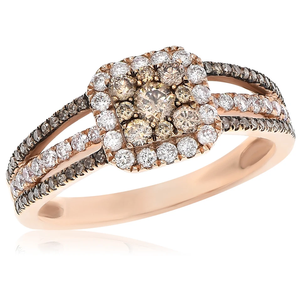 ANILLO DE COMPROMISO HALO CUADRADO CHAMPAGNE COÑAC MARRÓN DIAMANTE PAVÉ ORO ROSA 14K Foto 1 de 1