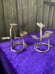 Vintage Arts & Crafts Style Brass Candleholders Unusual Design - Picture 1 of 6