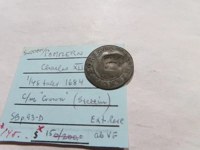 L5 Suecia/Alemania Pomerania 1684 AR 1/48 Thaler C/M "Corona" (Stettin) EX. RARO Foto 1 de 2