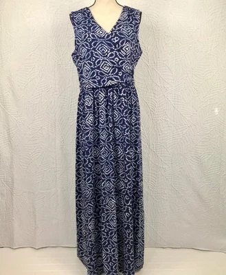 LANDS END Maxi Faux Wrap Dress Size L Tall Knit Sleeveless Navy White Print - Image 1 of 4