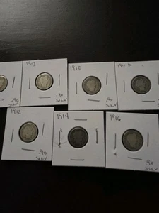 1897, 1907, 1910, 1911d, 1912, 1914, 1916 BARBER DIMES. .90 PURE SILVER - Picture 1 of 6