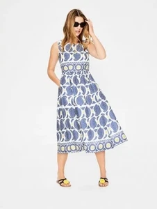 BODEN Midi Cotton Lizzie Dress Size 8 P Print White Blue Flare NEW - Picture 1 of 6