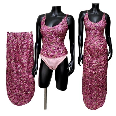 Vintage Pink Sequin Cabaret Bordello Showgirl Burlesque Costume Bodysuit Skirt - Image 1 of 4