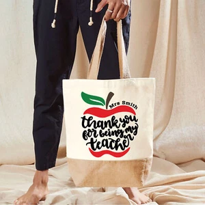 Personalised Jute Base Canvas Shopper Teacher appreciation Leaving Gift #TT04 - Picture 1 of 2