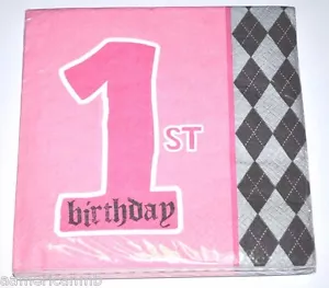 16pc 3ply Beverage Paper Napkins Happy 1st First Birthday Pink Girl Party Argyle - Picture 1 of 1