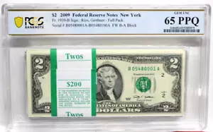 2009 $2 FULL Pack $200 Face Value NEW YORK PCGS 65 PPQ GEM UNC Fr. 1939-B - Picture 1 of 4