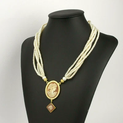 COLLANA IN ARGENTO 925 DORATO CON ZIRCONI PERLE CAMMEO CORNEOLA VOLTO AGLN 0222 - Immagine 1 di 4