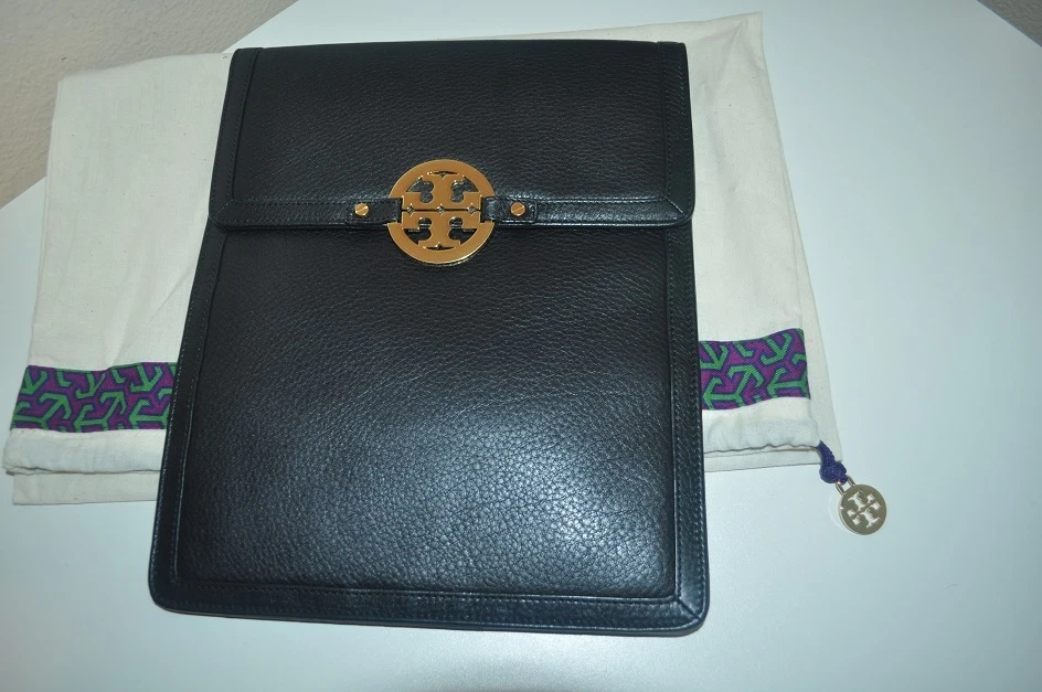 $195 Tory Burch AMANDA Angelux E-Table Sleeve Pouch Black Leather Logo 8.5x10.5 - Image 1 of 4