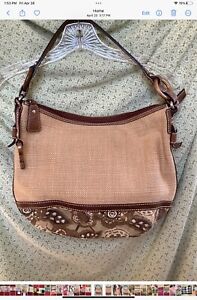 Vintage Fossil Natural Weave/Paisley Bottom Handbag w/Leather & Wood Trim