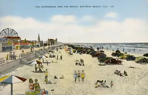 Postal The Boardwalk and the Beach Daytona Beach Florida Sunbathers coches antiguos - Imagen 1 de 2