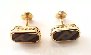 A pair of vintage inlaid tigers eye, lapis and onyx mosaic gold tone cufflinks - Picture 1 of 7