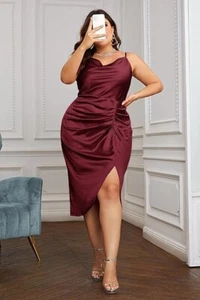 KIMCURVY Abito donna taglie forti raso increspato spaghetti strap collo cappuccio midi par - Foto 1 di 14