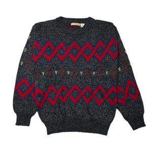 Vintage Adam Sloane Sweater Men Medium Gray Red Geometric Pullover Acrylic - Picture 1 of 9