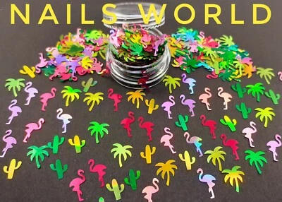 NAILS WORLD Green PALM CACTUS Pink FLAMINGO Nail Art Holographic Glitter Summer Holiday UK