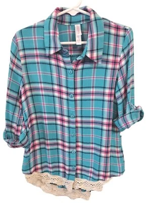 Рубашка Xhilaration для девочек XS клетчатая с длинным рукавом на пуговицах кружевной подол - Изображение 1 из 4