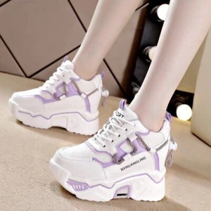 Women Lace Up Breatahble Platform Wedge Fashion Sneaker High Heels Casual Shoes - Picture 1 of 17