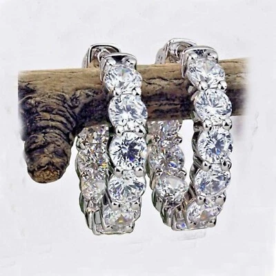 4.20Ct Round Cut Moissanite 14K White Gold Plated Silver Huggie Hoop Earrings - Image 1 of 4