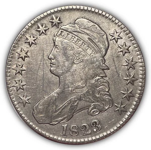 1823 gedeckelte Büste Half Dollar sehr schöne vz Münze, zerkratzt #23631 - Bild 1 von 3