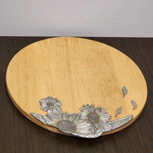 ROYAL SELANGOR Pewter & Wood Round CHEESE BOARD w/SUNFLOWERS Minor Wear 12" Rare - Picture 1 of 11