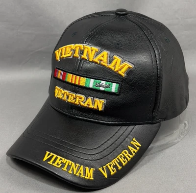 Vietnam Veteran Strap Back Hat Cap US Warriors Black PU Leather Military Mens - Image 1 of 4