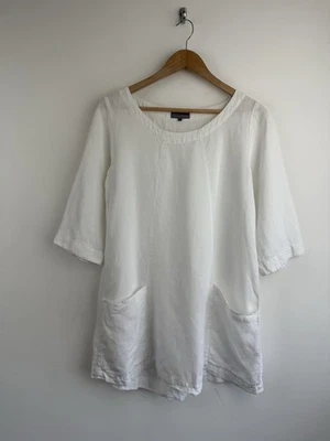 Sahara Tunic Top Size Small White 100% Linen Pockets Arty Relaxed Blouse Shirt - Image 1 of 4