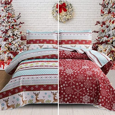 Edredones reversibles de Navidad tamaño King Navidad King (106"x96") rojo azul blanco Foto 1 de 4