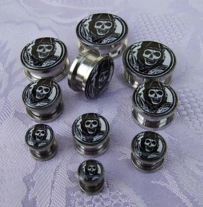 FLESH TUNNEL PIERCING  CH. STAHL OHR SENSEMANN - GRIM REAPER - GEWINDE 4MM-24MM  - Picture 1 of 2