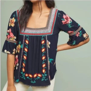 Blusa Anthropologie Bordada Floral Escote Cuadrado Borla Dobladillo M Boho Hippie - Imagen 1 de 12