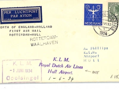 NETHERLANDS/GB YORKS Air Cover 1934 KLM FIRST FLIGHT *Hull Airport* Cachet XT123 - Image 1 of 4