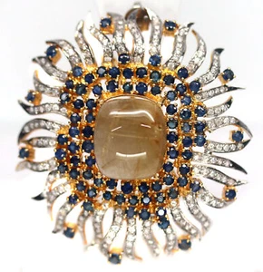 14 X 16 mm. Rutile-Quartz, White Zircon & Sapphire Brooch Silver 925 Sterling - Picture 1 of 5