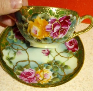 Nippon Japan Antique Cup & Saucer Hand Painted All Over Floral With Gold Beading - Picture 1 of 12