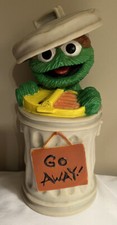 Vintage Sesame Street Oscar The Grouch Piggy Bank Garbage Can 9” Go Away