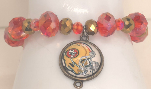 VALENTINO Bracciale San Francisco 49er Calcio Oro Rosso Cristallo Charm Elasticizzato 7"