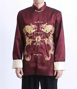 Nuova Camicia Lunga Cinese Orientale Da Uomo Kung Fu Satinato Rosso Oro Drago cmssh12 - Foto 1 di 3