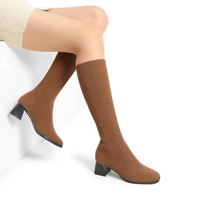 Women Low Block Heels Knit Breathable Water-Resistant Square Toe Knee High Boots - Picture 1 of 24