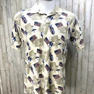 Cutter & Buck Men’s M Medium Polo Shirt Beige Golf Clubs Flag 4th July Print U3 - Picture 1 of 8