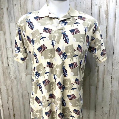Cutter & Buck Men’s M Medium Polo Shirt Beige Golf Clubs Flag 4th July Print  U3 - Image 1 of 4