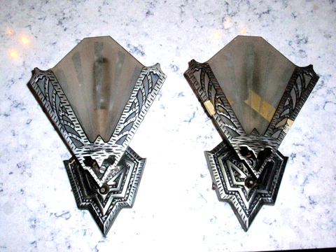 Pair Antique Art Deco Wall Sconces Frosted Striped Glass Slip Shades 1920's Cover