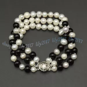 3 Rows Natural 7-8mm White Akoya Pearl Black Agate Round Beads Bracelet 7.5'' - Picture 1 of 6