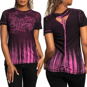 Affliction Women's T-Shirt JULIA ROSE Pink Cross Biker Wings - Picture 1 of 6